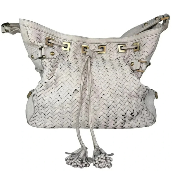 Cole Haan "Village Weave" SU06 Ivory Leather Woven Shoulder Bag Tote Boho Chic - Picture 1 of 9